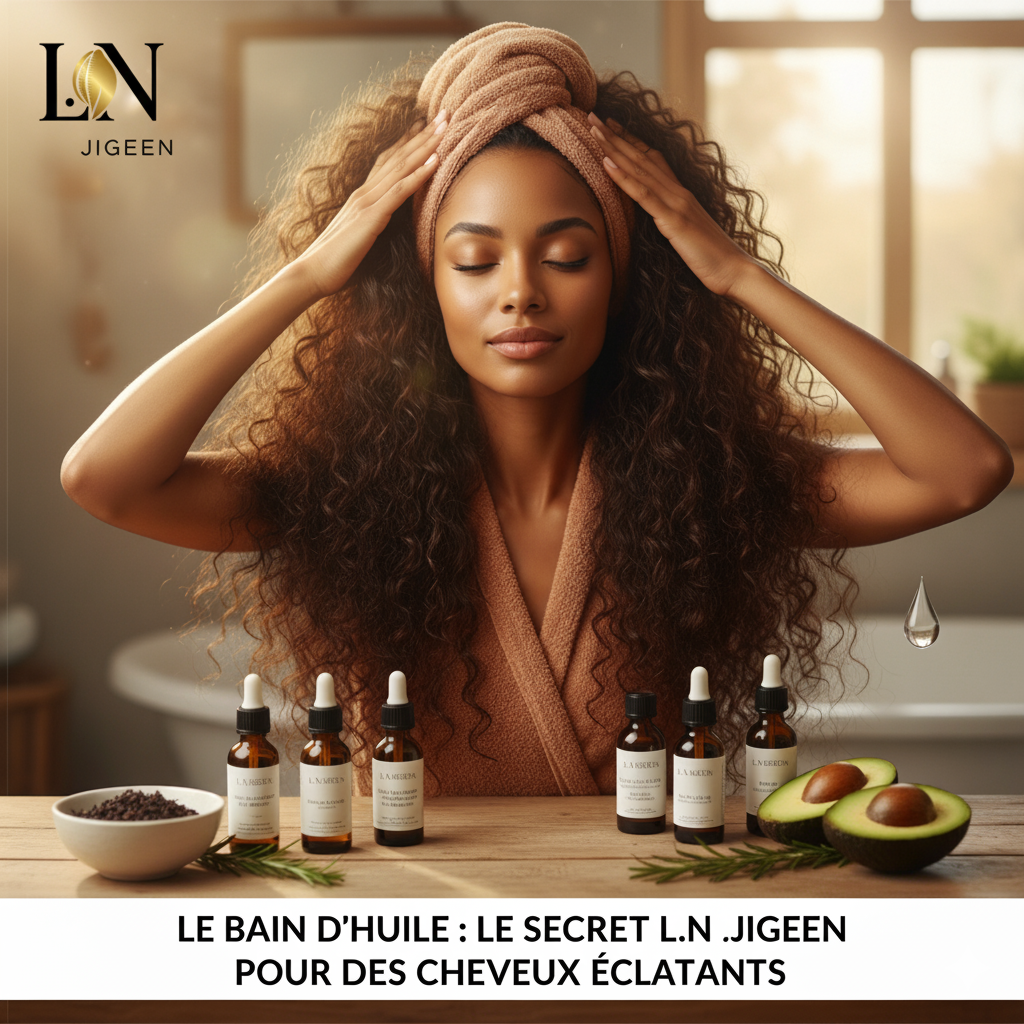 alt="Image promotionnelle L.N JIGEEN : Femme aux cheveux bouclés, appliquant un bain d'huile, avec des flacons d'huiles végétales et des ingrédients naturels comme l'avocat."