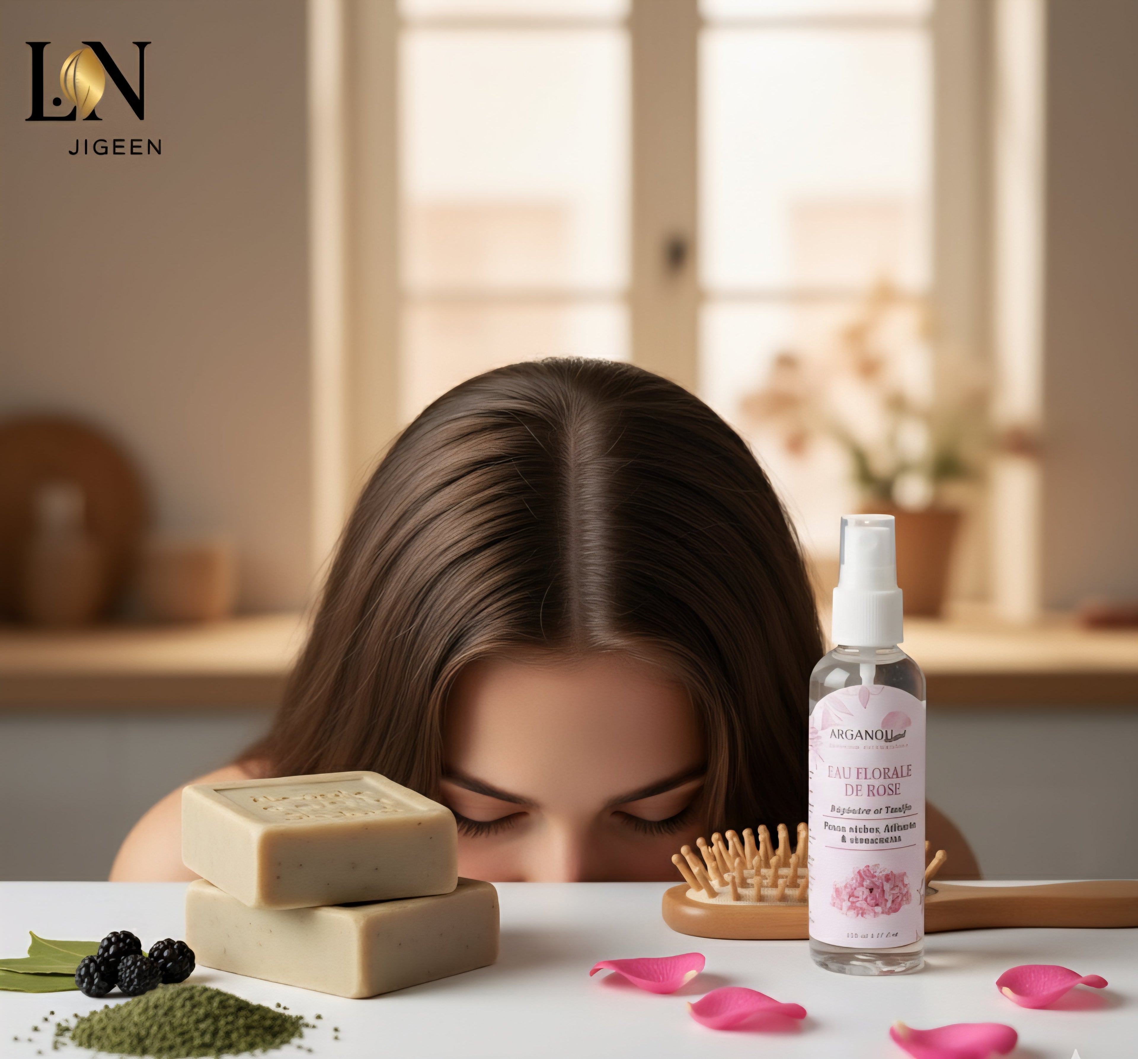 Produits naturels L.N JIGEEN pour apaiser le cuir chevelu : savon d'Alep et eau de rose.