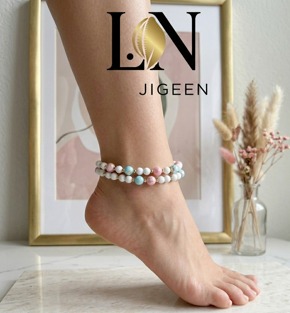 Bracelet de Cheville Lumina – Duo de Perles Pastels et Or, Création Unique L.N Jigeen