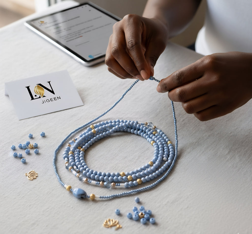 création artisanale baya perles de reins femme noire bijou personnalisé perles bleues dorées LN JIGEEN