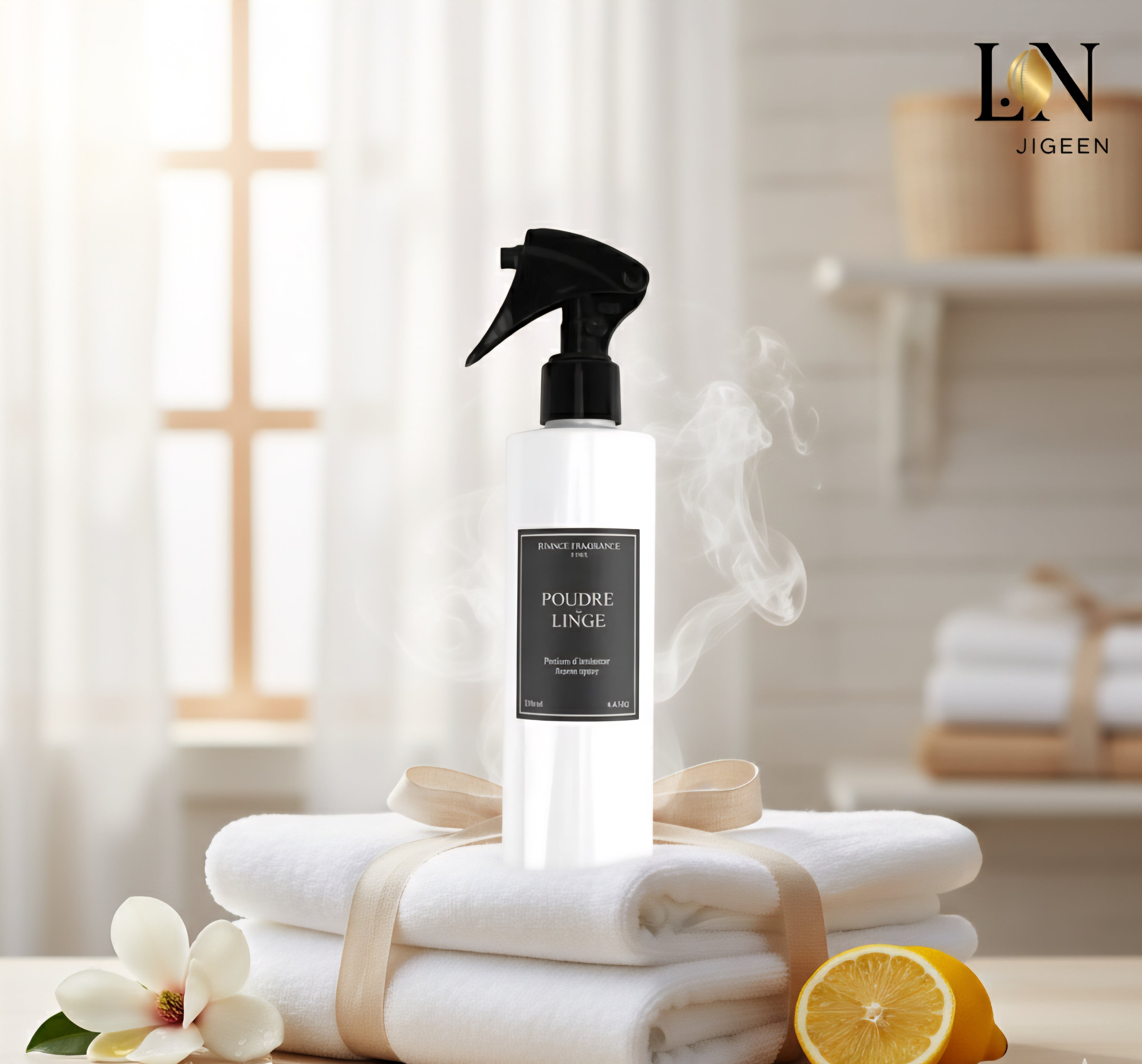 Parfum d'ambiance Poudre Linge de France Fragrance, le flacon blanc vaporise un nuage de fraîcheur au-dessus d'une corbeille de linge blanc immaculé. À côté, des citrons coupés et une fleur de magnolia blanche ajoutent une touche naturelle et élégante. Le tout est posé sur une table en bois clair, avec un arrière-plan doux et lumineux. Le logo de la boutique jigeen.fr est en haut à droite.