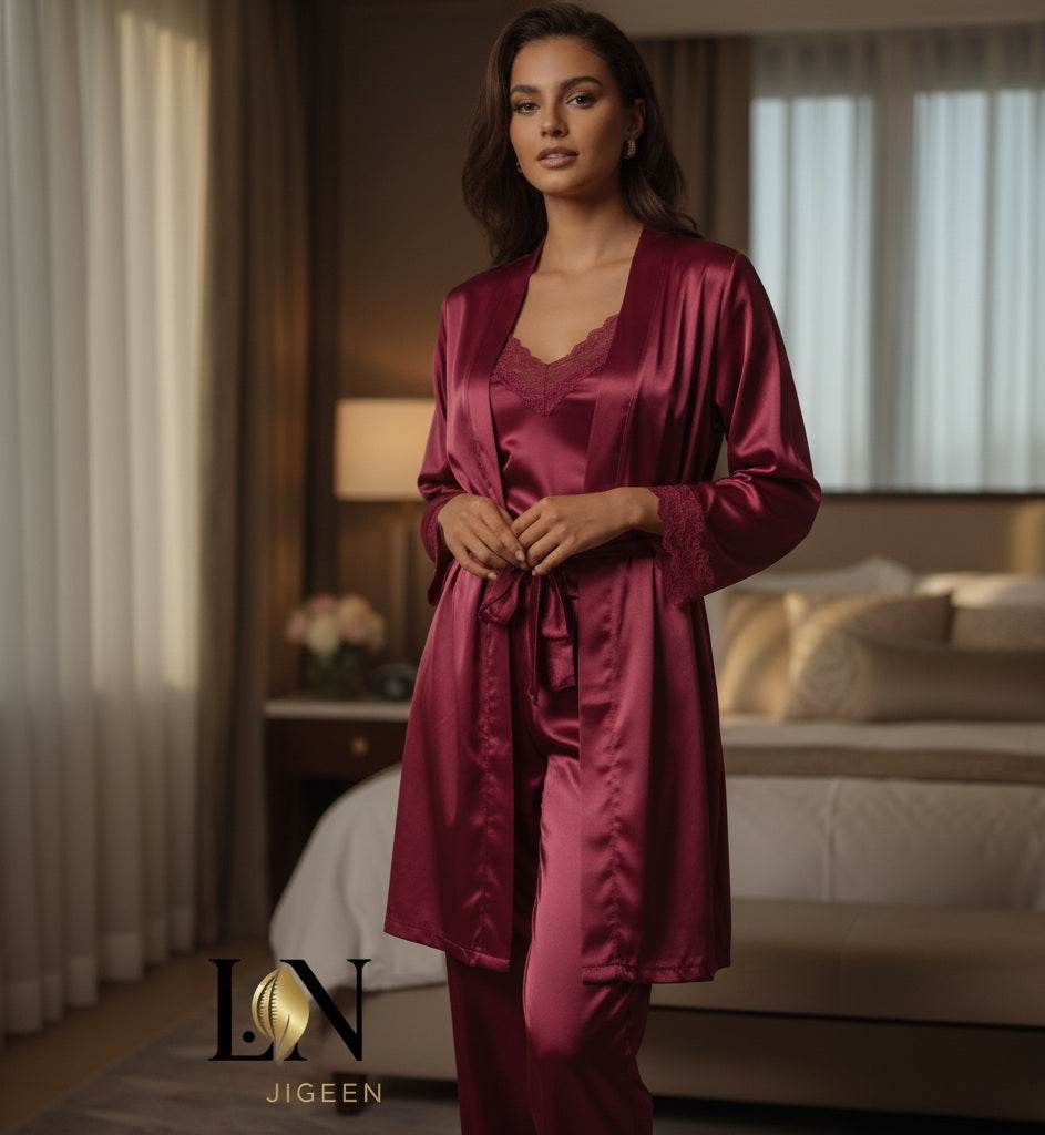 Ensemble Pyjama Femme en Satin Bordeaux - Elégant & Confortable - L.N Jigeen 