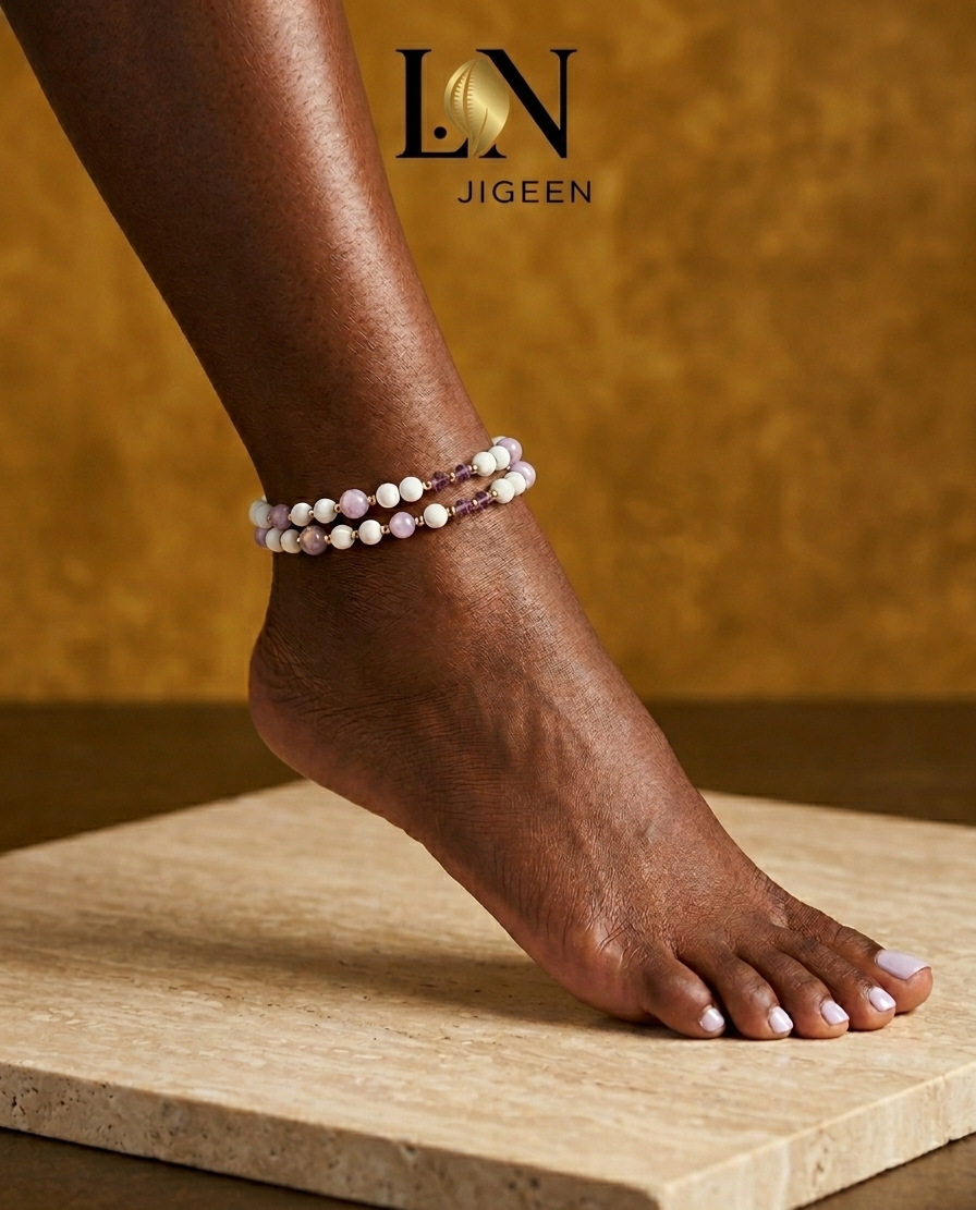 Duo de Bracelets de Cheville Penda – Ensemble Unique Perles Lavande & Blanc | jigeen.fr