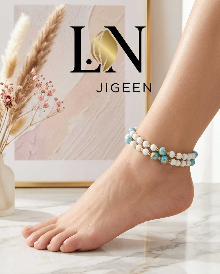 Bracelet de Cheville Olympe – Duo de Perles Azur et Blanc, Création Unique L.N Jigeen