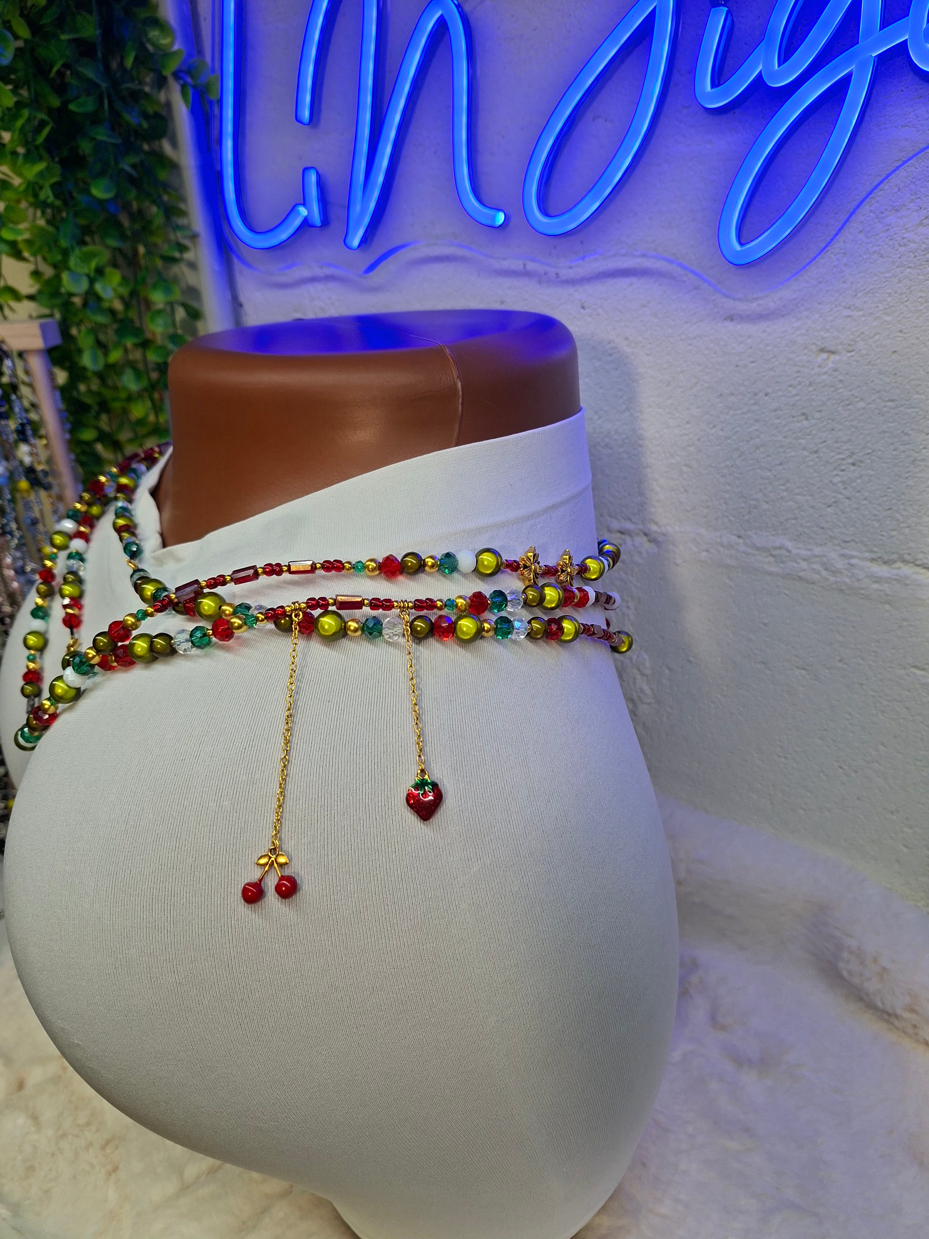 Parure "Péché Mignon" - Trio de Perles de Taille (Bin Bin) Uniques & Artisanales - Tons Vert Olive et Rouge Rubis