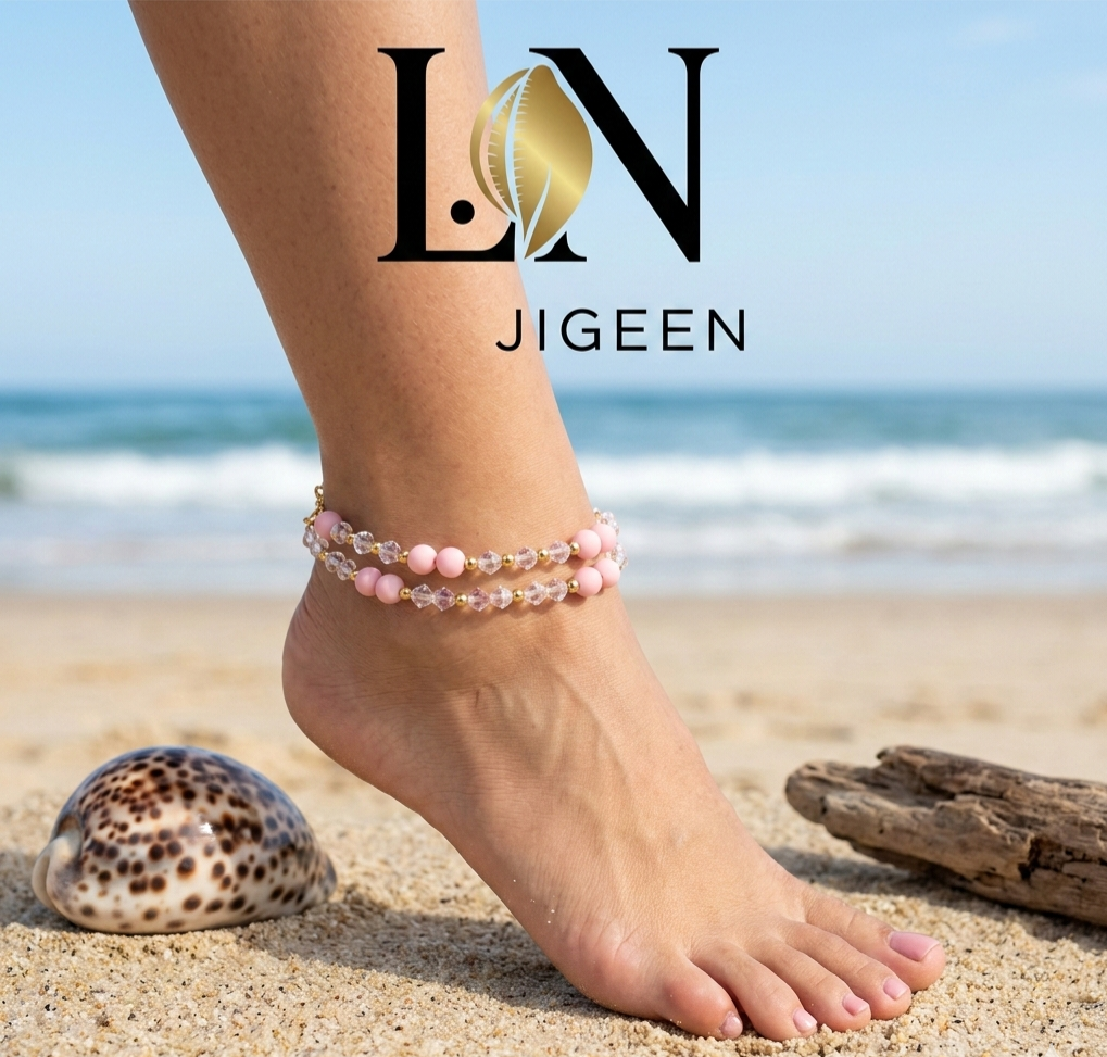 Soukeyna – Duo de Bracelets de Cheville Uniques en Perles Roses et Cristaux | Création Artisanale L.N Jigeen