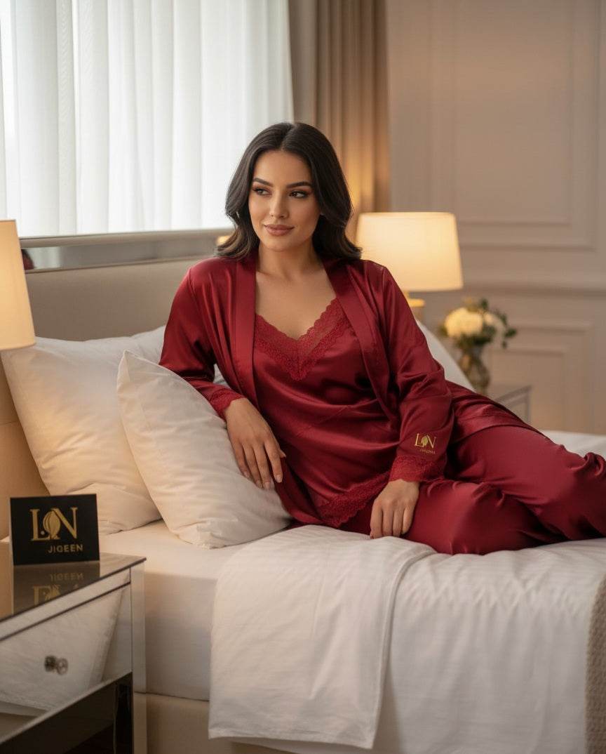 Ensemble Pyjama Femme en Satin Bordeaux - Elégant & Confortable - L.N Jigeen 
