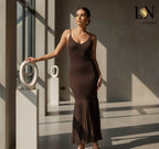 Robe longue Azara marron côtelée - Élégance et confort en polyester/viscose | LN Jigeen - L.N Jigeen 