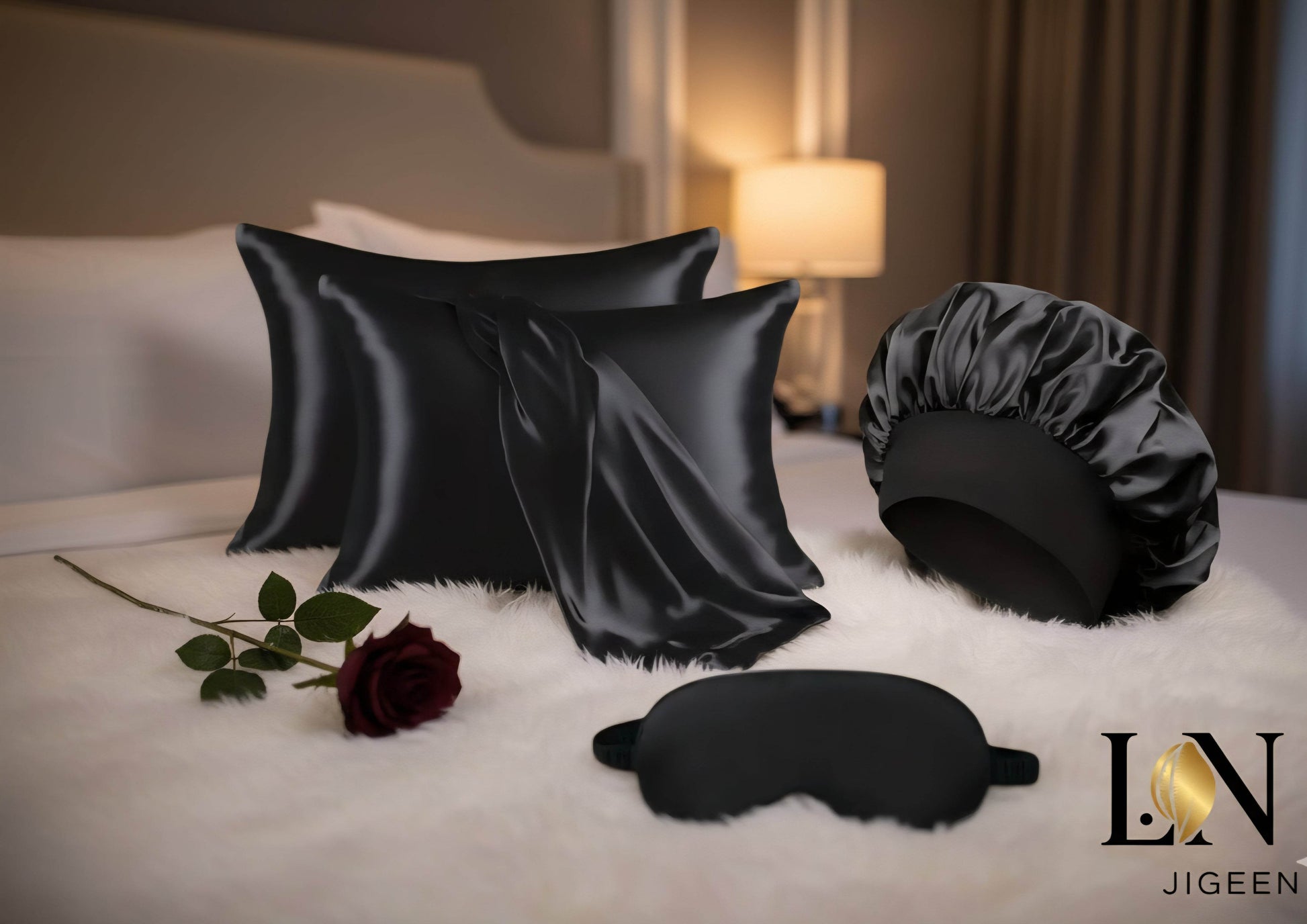 Pack Luxe Sommeil Satiné : Taies d'Oreiller, Bonnet de Nuit, Masque & Chouchou - Soin Capillaire Doux L.N Jigeen - L.N Jigeen 