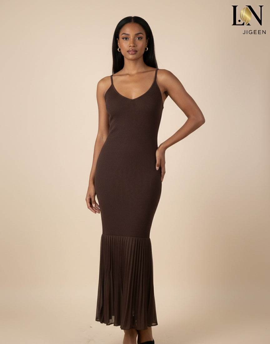 Robe longue Azara marron côtelée - Élégance et confort en polyester/viscose | LN Jigeen - L.N Jigeen 