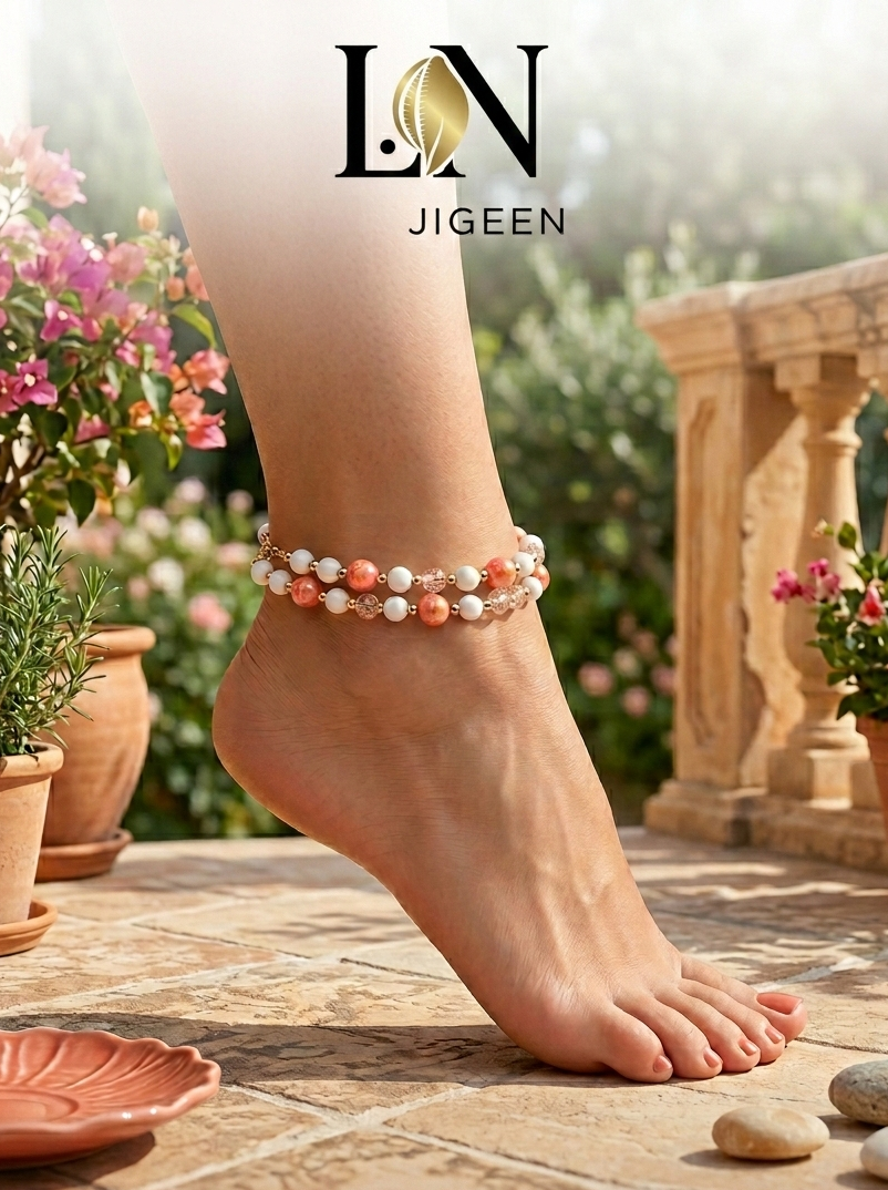 Sali – Duo de Bracelets de Cheville Uniques en Perles Pêche et Nacre | Création Artisanale L.N Jigeen